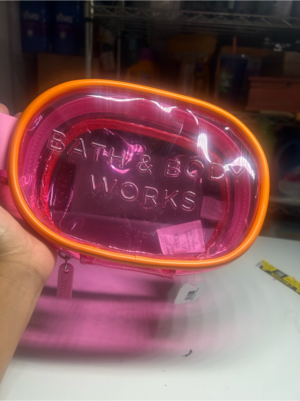 Bath & Body Works Pink Clear Cosmetic Pouch with Orange Edge